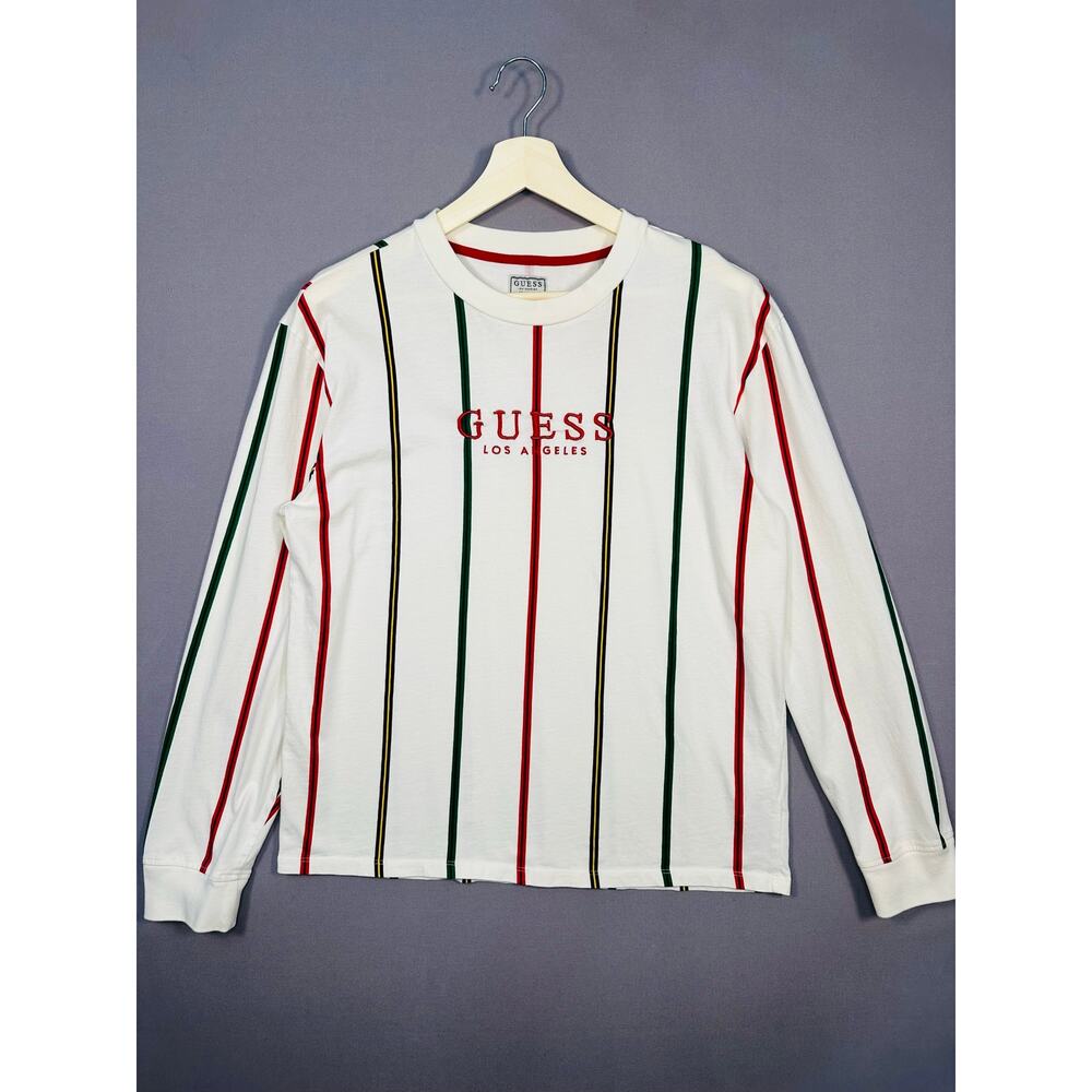 Guess Striped Long Sleeve Embroidered Logo Tee Size Medium